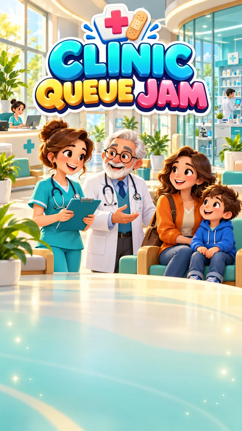 The Clinic Queue Jam cover with a doctor, nurse, and visitors